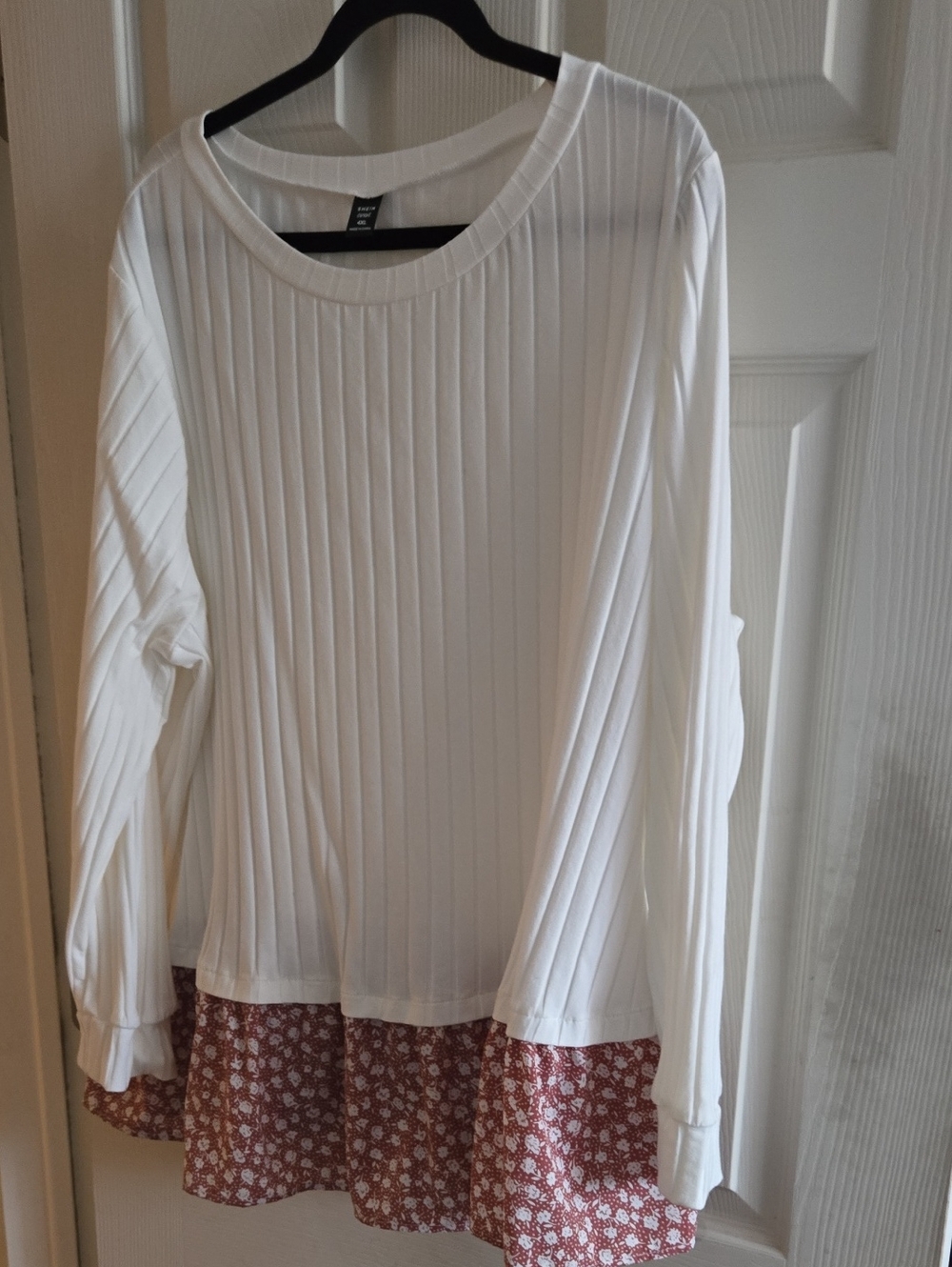 SHEIN White Ribbed Long-Sleeve Tunic with Red Floral Hem